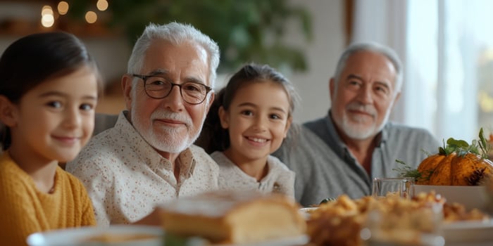 A family is sitting at a table with a turkey and other food photo