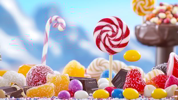 Colorful assortment of candies and sweets arranged in a whimsical setting with mountains photo