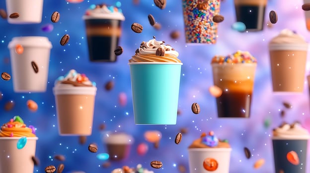 Colorful assortment of coffee cups with toppings floating against a dreamy, pastel background photo