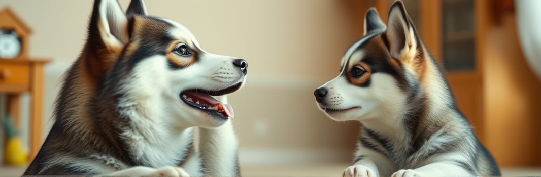 Cute Puppies and Happy Dogs. Adorable Siberian Huskies Bonding at Home photo