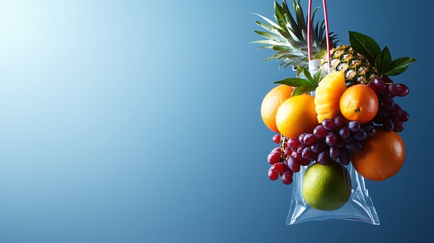 Colorful assortment of fresh fruits in a clear bag against a gradient blue background photo
