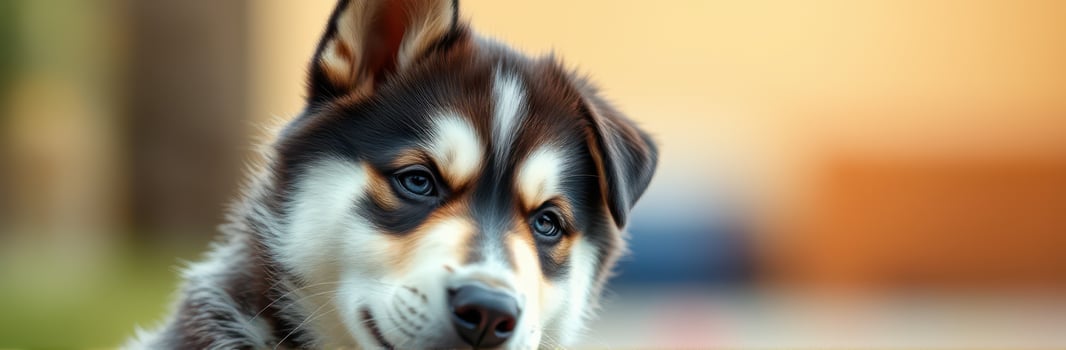 Cute and Adorable Siberian Husky Puppy Portrait with Fluffy Fur and Blue Eyes in Garden - Pet Photography Close-Up of Playful Young Dog photo
