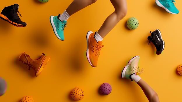 Colorful athletic shoes in mid-air against a vibrant orange background with playful balls scattered photo