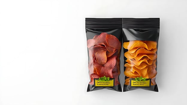 Colorful bags of vegetable chips featuring vibrant hues, displayed against a clean background photo