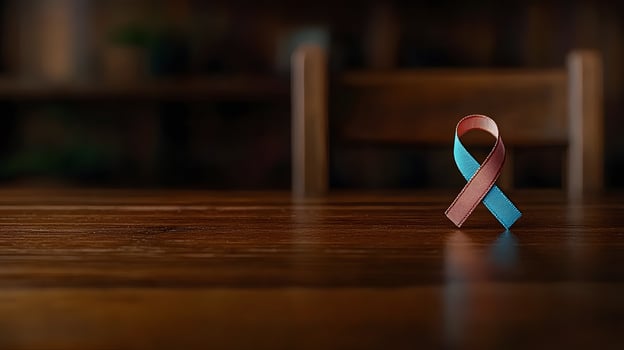 Colorful awareness ribbon placed on a wooden table in a cozy indoor setting with blurred background photo
