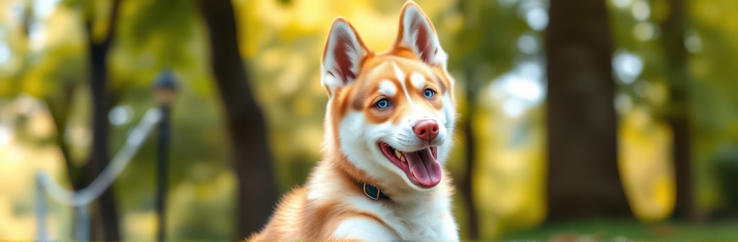 Siberian Husky with Blue Eyes and Red Coat Enjoying Outdoor Play in a Sunny Forest with Autumn Leaves photo