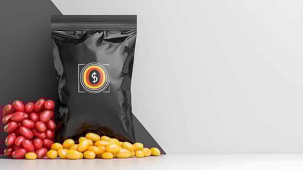 Colorful candy package with red and yellow candies on a modern geometric background photo