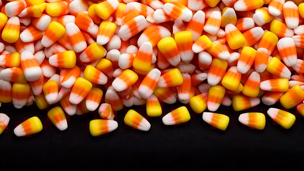 Colorful candy corn scattered on a dark surface, evoking a festive autumn atmosphere photo
