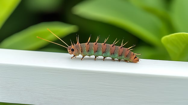 Colorful caterpillar crawling on a white railing amidst lush green foliage in a garden photo