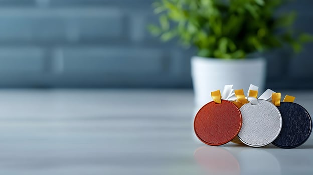 Colorful circular tags arranged on a table with a green plant and blurred background photo