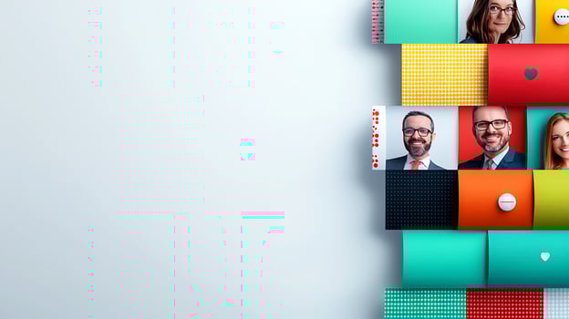 Colorful collage of diverse professional portraits against a minimalistic background photo