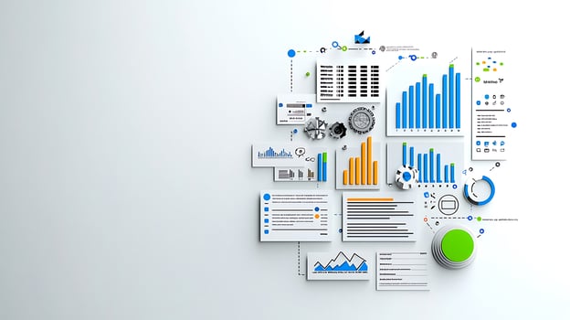Colorful data visualization with charts and graphs depicting trends and statistics on a white background photo