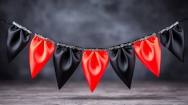 Colorful decorative garland of red and black fabric triangles against a textured background photo