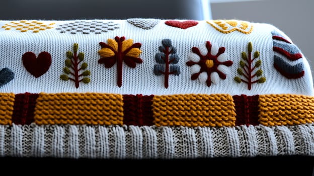 Colorful embroidered blanket showcasing intricate designs, placed on a chair in a cozy indoor setting photo