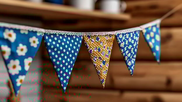 Colorful fabric bunting strung indoors, enhancing a cozy atmosphere with wooden backdrop photo