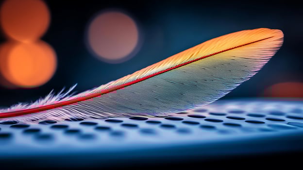 Colorful feather resting on a speaker, with blurred lights creating a vibrant background photo