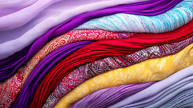 Colorful fabrics arranged in waves, showcasing intricate patterns and textures for textile design photo