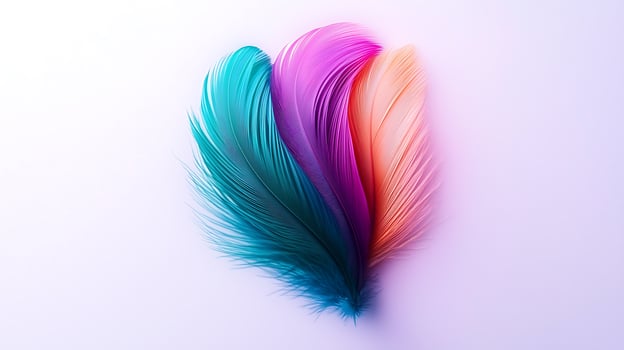 Colorful feathers in vibrant hues of teal, pink, and orange arranged artistically on a soft background photo
