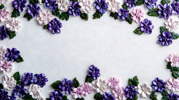 Colorful floral arrangement with purple and pink flowers on a textured white background photo
