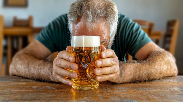 Dejected Man with Beer Mug in Rustic Pub photo
