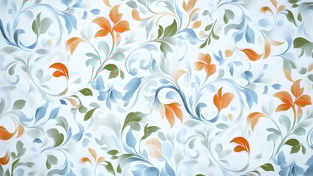 Colorful floral pattern featuring intricate designs in blue, orange, and green on a white background photo