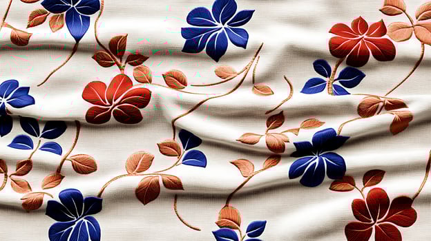 Colorful floral pattern on textured fabric, showcasing vibrant blooms in red, blue, and beige photo