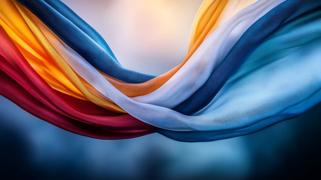 Colorful flowing fabric in vibrant hues of red, yellow, blue, and white against a soft background photo