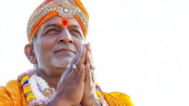 Man in Traditional Attire with Hands Pressed Together photo