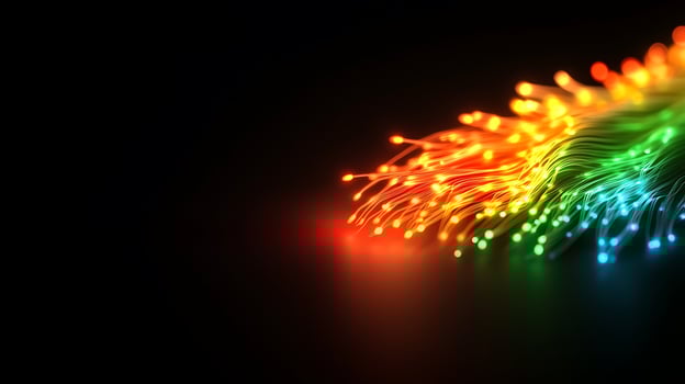 Colorful glowing fiber optic strands creating a vibrant light display against a dark background photo