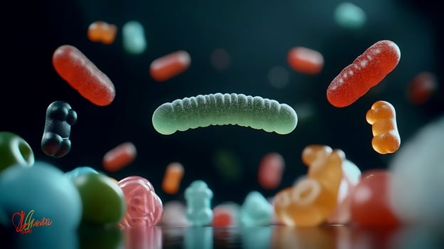Colorful gummy candies scattered on a reflective surface with a dark background and soft lighting photo