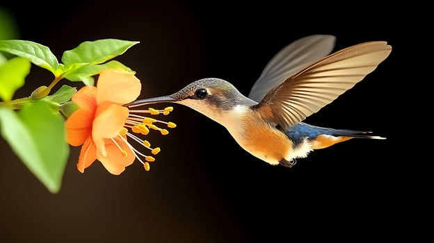 Colorful hummingbird hovering near vibrant orange flower in a serene, blurred background photo