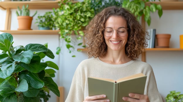 Smiling Woman Reading Book Amidst Lush Greenery photo