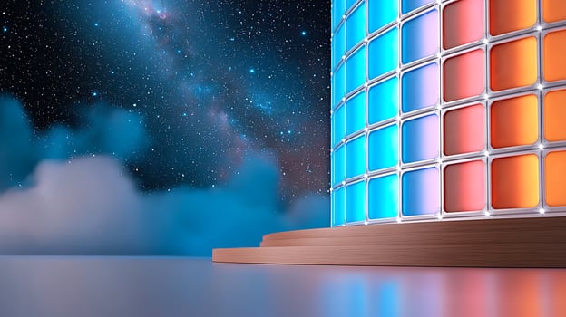 Colorful illuminated cubes in a futuristic setting against a starry night sky with clouds photo