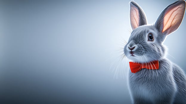 A charming rabbit in a red bow tie, set against a soft blue background, exuding elegance photo