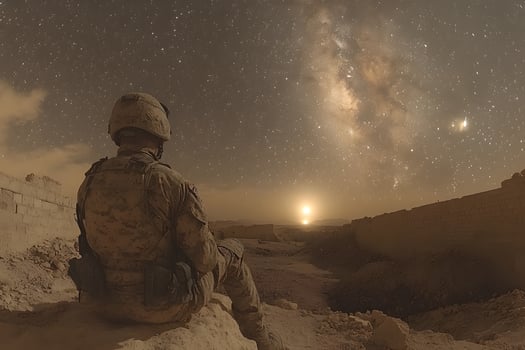Soldier Under a Starry Sky Tranquil Night Scene with Milky Way in Desert Landscape photo