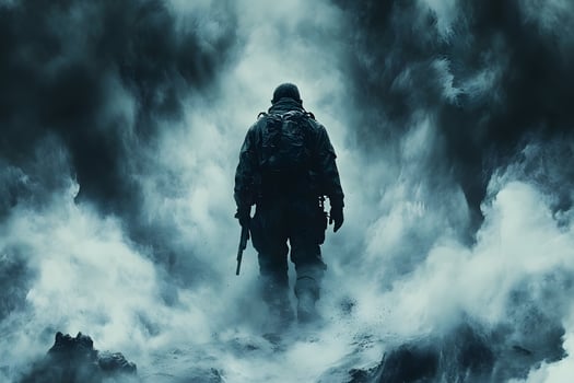 Mysterious Soldier in Stormy Mist - Dramatic Military Atmosphere Design for Print and Poster photo