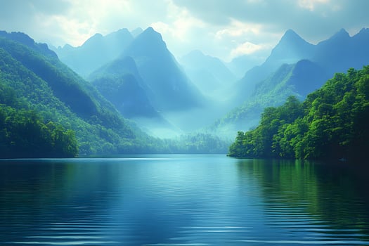 Tranquil Mountain Lake Scene with Lush Greenery and Misty Atmosphere photo