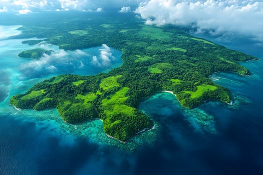 Aerial View of a Stunning Tropical Island with Lush Greenery and Turquoise Waters photo