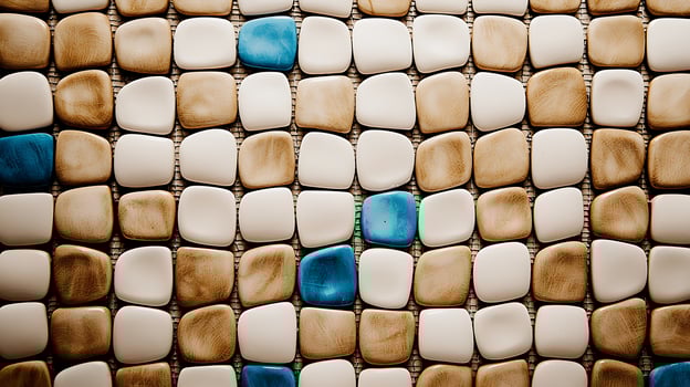 Colorful mosaic tiles arranged in a pattern, showcasing shades of blue and beige in a modern setting photo