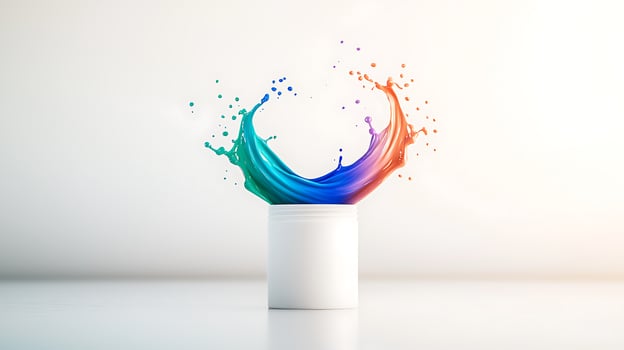 Colorful paint splash emerging from a white container against a minimalistic background photo