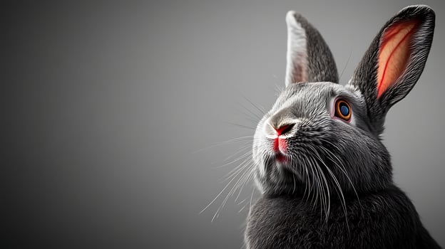 A close-up of a curious gray rabbit with striking blue eyes against a neutral background photo