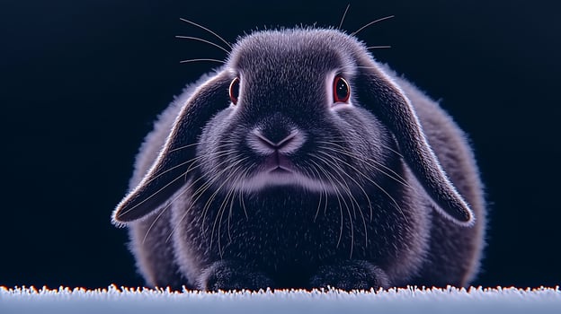A close-up of a dark rabbit with soft fur and striking red eyes, set against a softly lit background photo