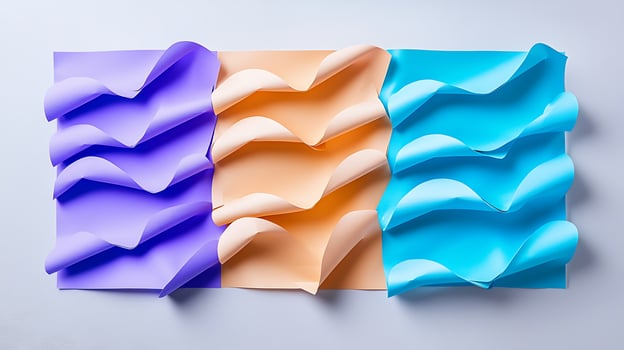 Colorful paper waves in purple, orange, and blue arranged artistically on a white background photo