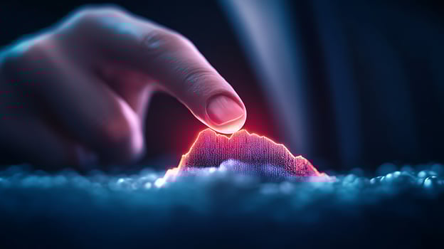 A close-up of a hand gently touching a glowing mountain peak amidst a mystical landscape photo