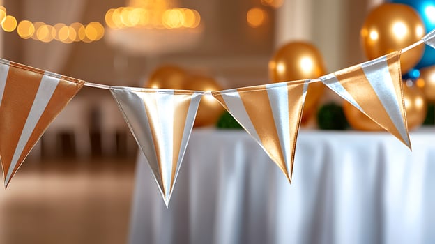 Colorful party decorations with golden and white bunting in a festive indoor setting photo