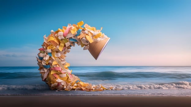 Colorful paper wave sculpture on a serene beach at sunset, symbolizing creativity and nature photo