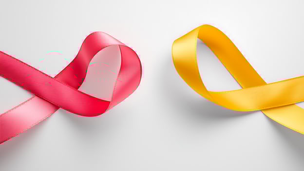 Colorful pink and yellow ribbons elegantly arranged on a clean surface, symbolizing awareness photo