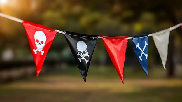 Colorful pirate-themed flags hanging outdoors against a blurred natural background photo