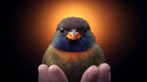A close-up of a vibrant bird perched in a human hand, set against a glowing orange background photo