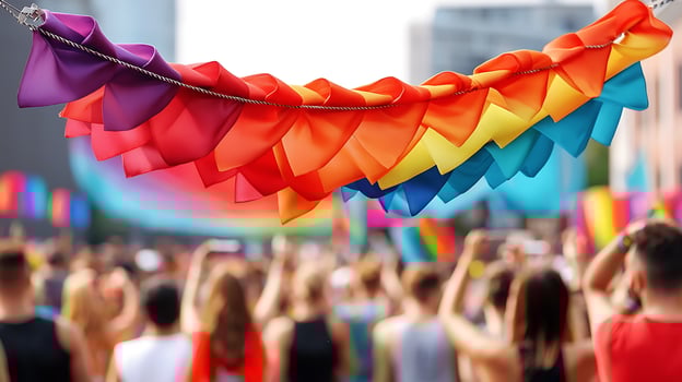 Colorful pride celebration with vibrant banners, people cheering, and a festive atmosphere in the city photo
